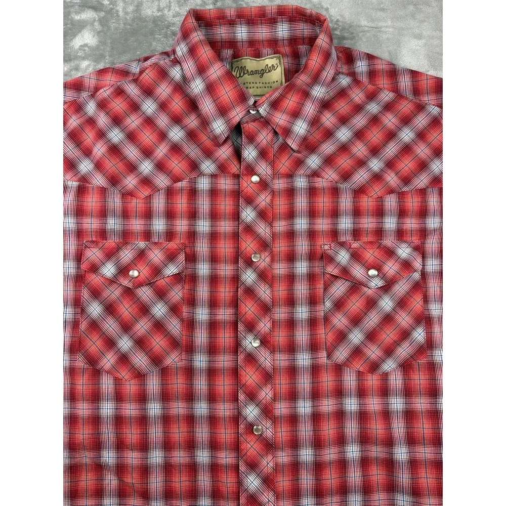 Wrangler Western Shirt Men's 2XL Red Plaid Pearl Snap Short Sleeve‎ Cowboy Rodeo